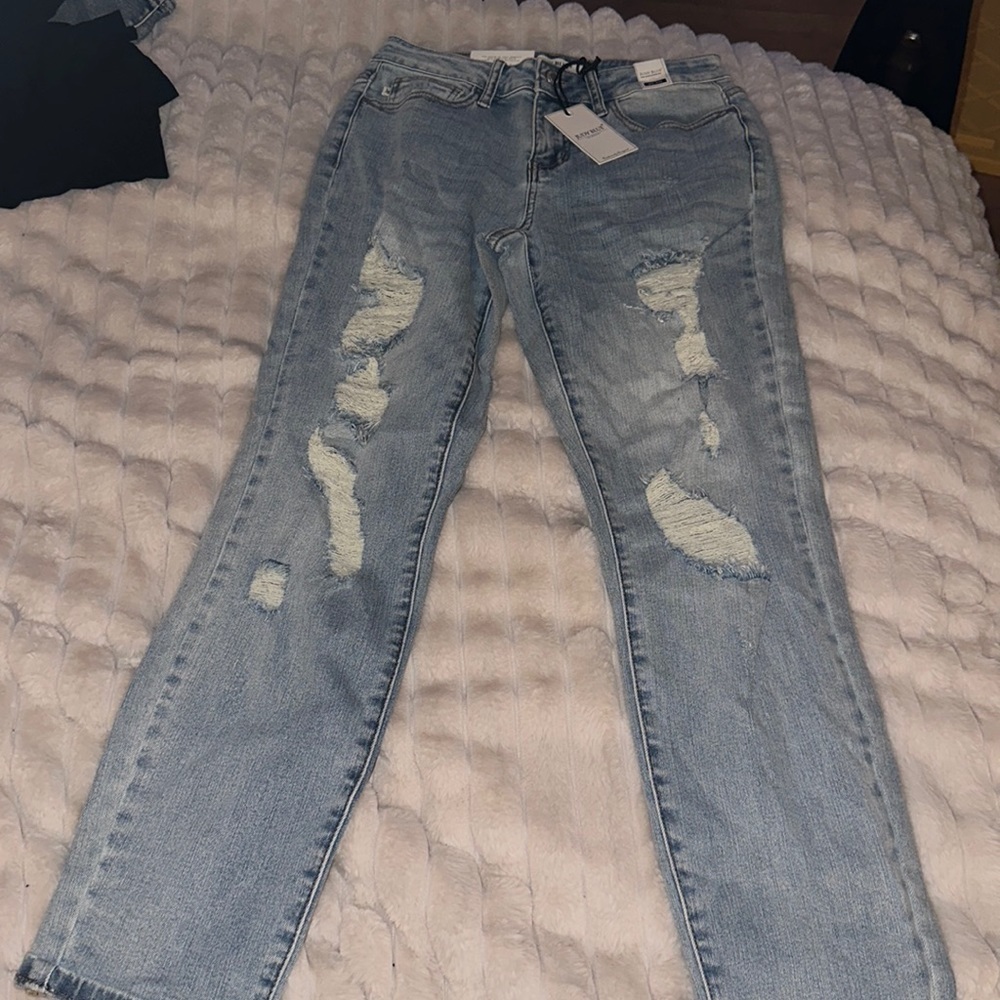 Judy, Blue Mid Rise Boyfriend Fit Distressed, Light Wash Jeans